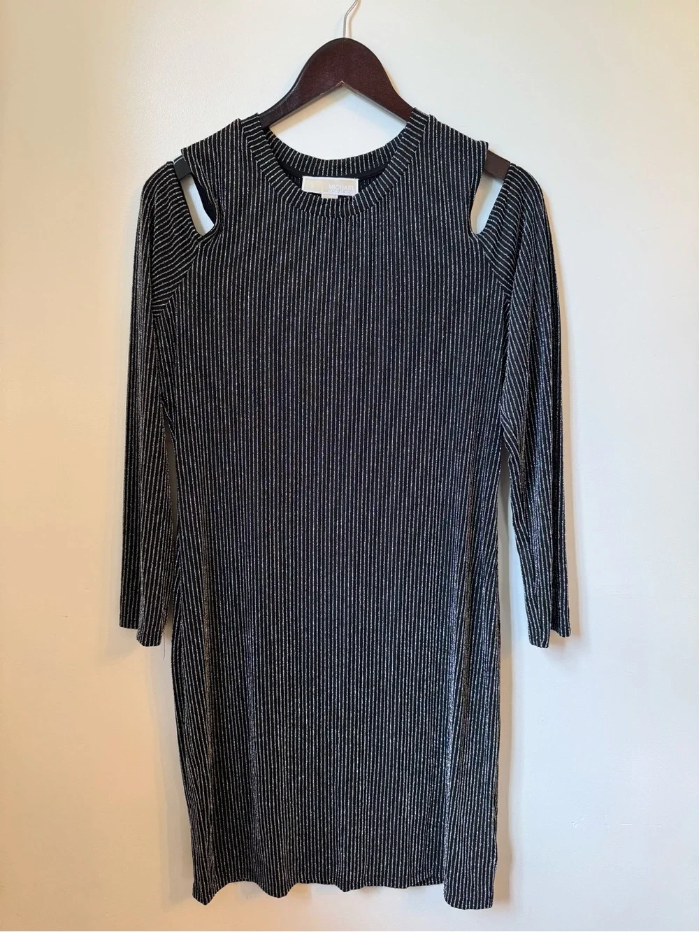 Michael Kors Black and Silver Metallic Striped Cold-Shoulder Ribbed Dress